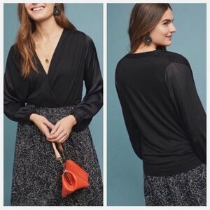 By Anthropologie Kesia Long Sleeve Surplice Blouse Faux Wrap Top Size XS Fits S